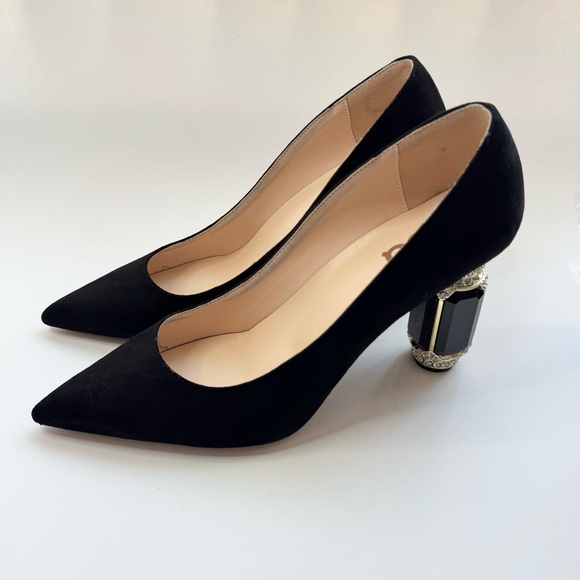 Size 11 FSJ bridal pointed toe crystal high heel pump, black suede - Picture 1 of 11